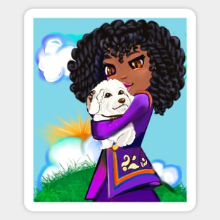 Girl with Afro hair cuddles puppy dog, Cavapoo puppy dog, cute Cavoodle, Cavapoo, Cavalier King Charles Spaniel Sticker